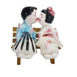 Vintage JAPAN Salt and Pepper Kissing Couple on Bench 1950s Retro Collectible